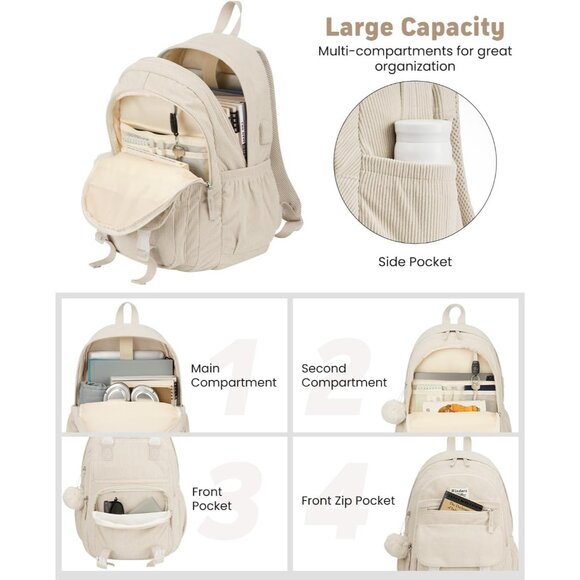 Cute Beige Corduroy Backpack for Girls - 15.6 Inch, Lightweight & Functional - Picture 2 of 6